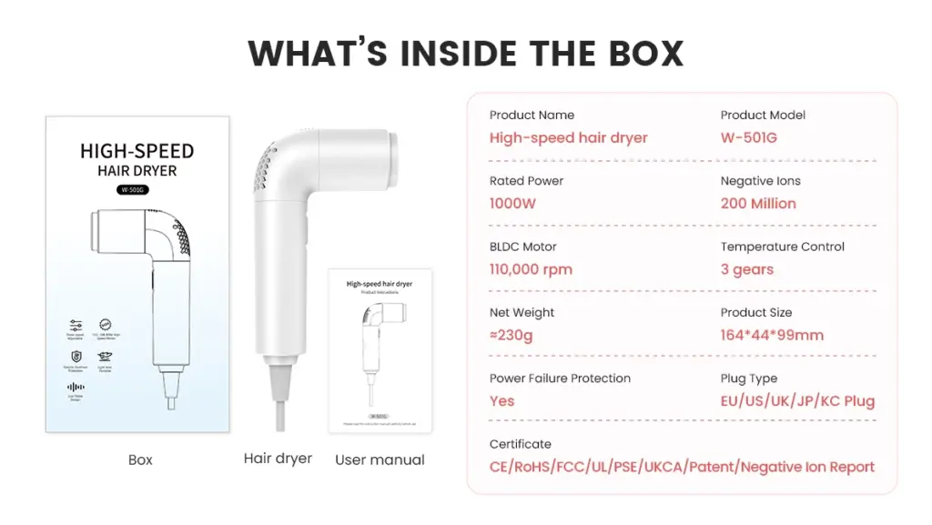 Wochuan L-shape High Speed mini hair dryer W-501G what's in the box and product parameter